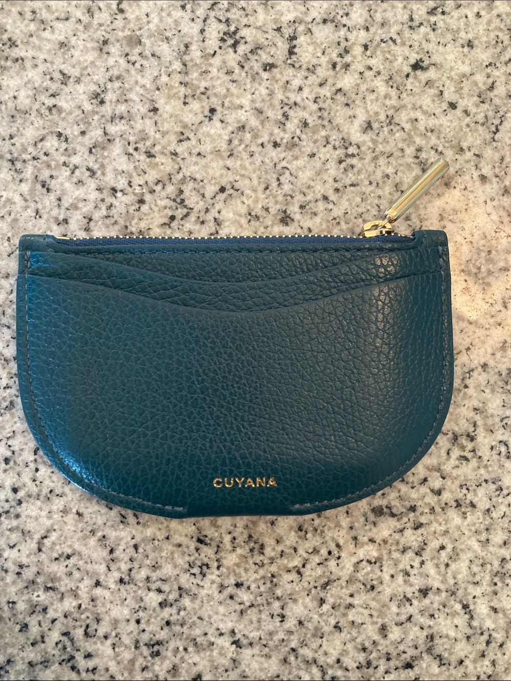 Cuyana Teal Pebbled Leather Zip Card Wallet with Gold Hardware